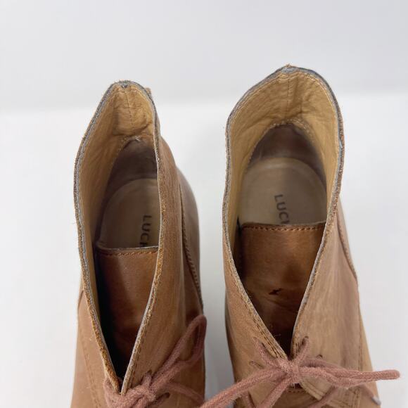 Lucky Brand Womens 8.5 Tan Suede Taheeti Lace Up Wedge Booties Leather Heel - Picture 9 of 13
